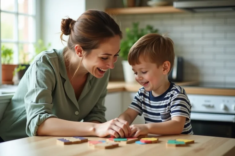 Mère accompagnant son enfant dans une activité ludique de puzzle à la maison, geste bienveillant et complicité familiale