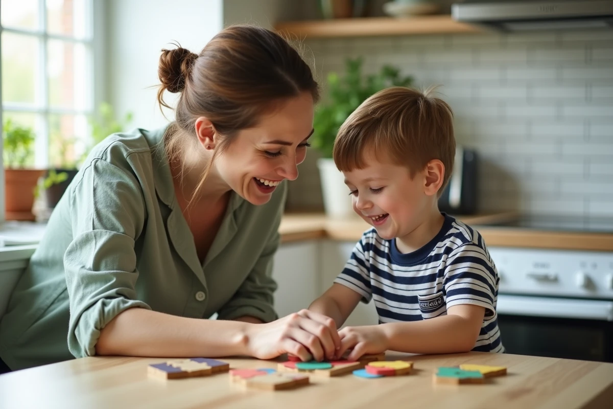 Mère accompagnant son enfant dans une activité ludique de puzzle à la maison, geste bienveillant et complicité familiale