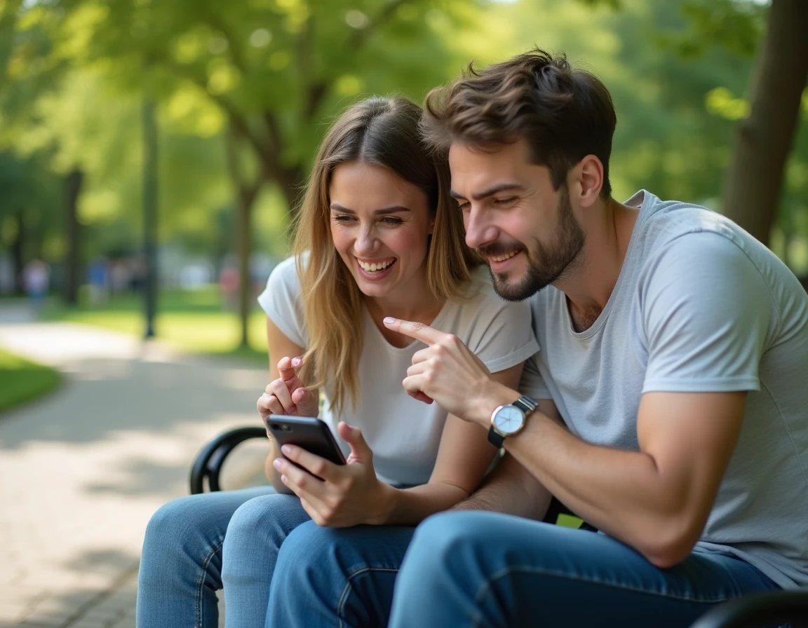 Deux amis partageant un smartphone sur un banc de parc, frustrés par un niveau difficile d'un jeu mobile