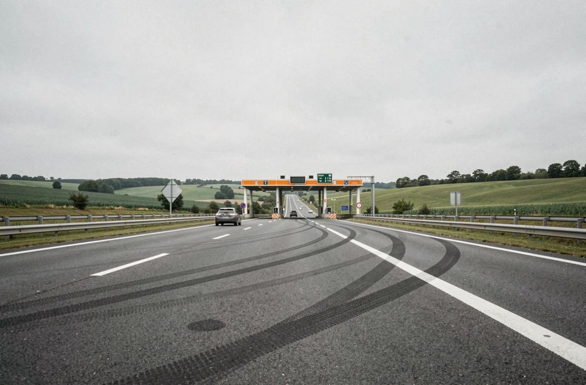 Autoroute française avec péage en arrière-plan et campagne verdoyante, vue grand angle au ras du bitume