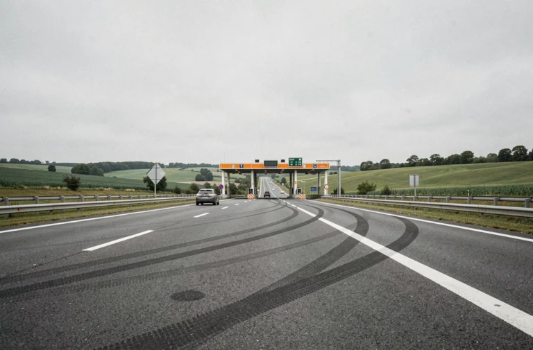 Autoroute française avec péage en arrière-plan et campagne verdoyante, vue grand angle au ras du bitume