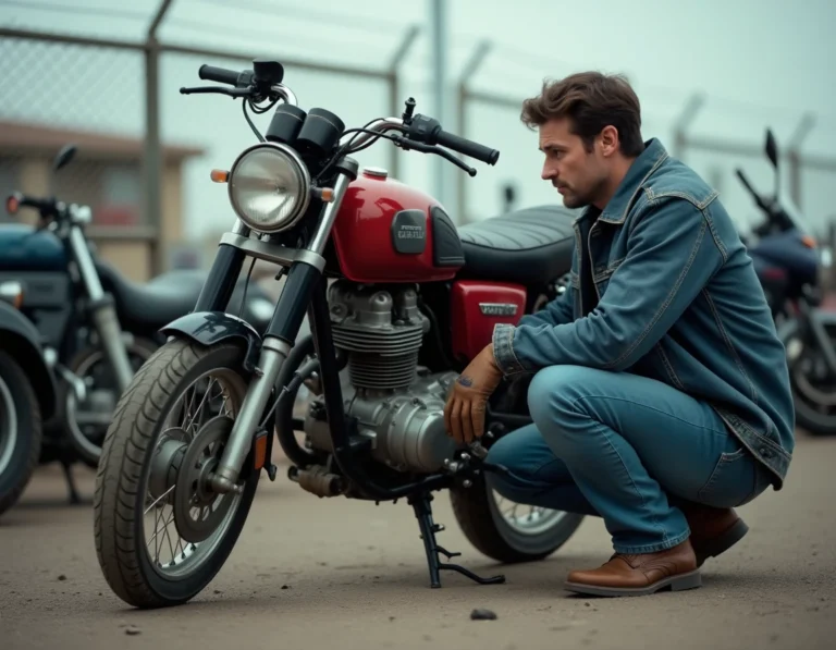 Homme inspectant une moto d'occasion dans un marché de véhicules d'occasion, idéal pour choisir une moto performante à petit budget