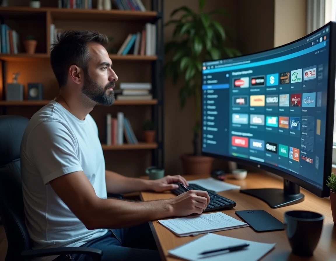 Homme comparant plusieurs services de streaming sur un ordinateur dans un bureau à domicile