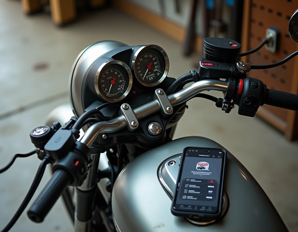 Gros plan sur le tableau de bord et le moteur d'une moto d'occasion avec comparateur de prix sur smartphone, guide pour acheter une moto à moins de 2000 euros