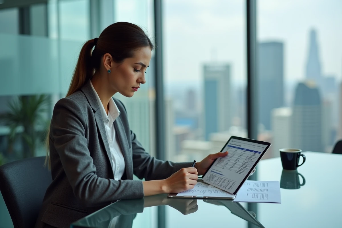 Femme comptable consultant des formulaires fiscaux et des relevés de transactions Binance sur tablette dans un bureau professionnel moderne