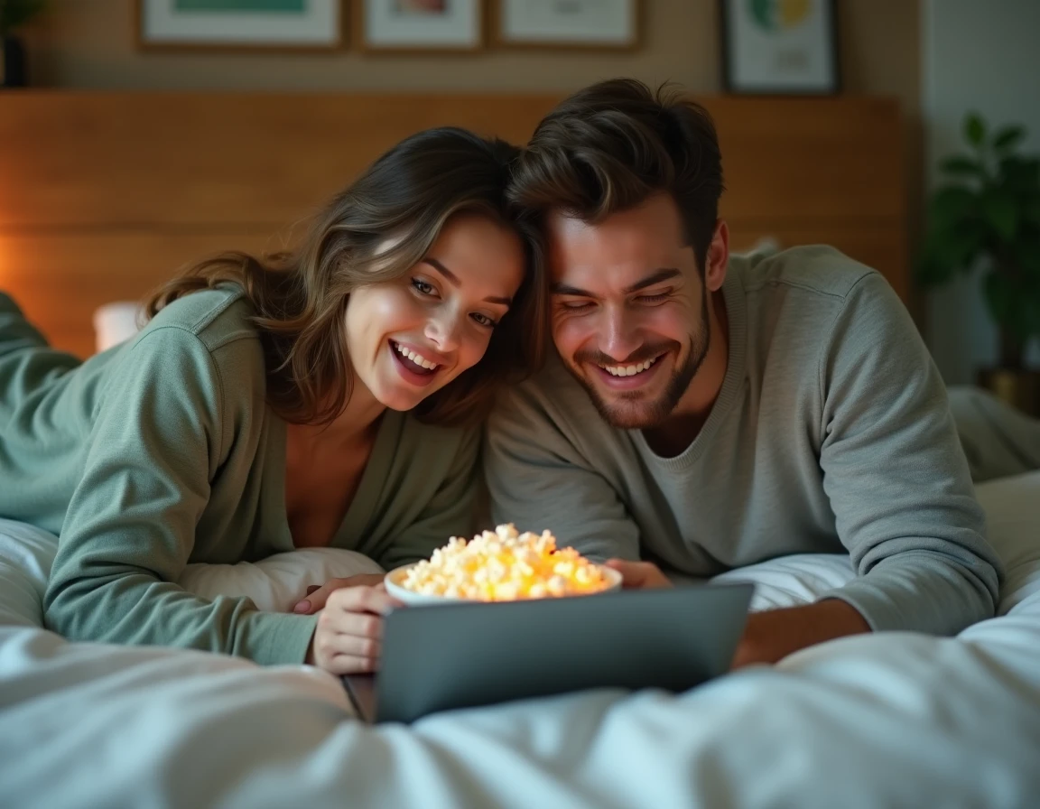 Couple regardant une série en streaming sur un ordinateur portable dans une chambre confortable