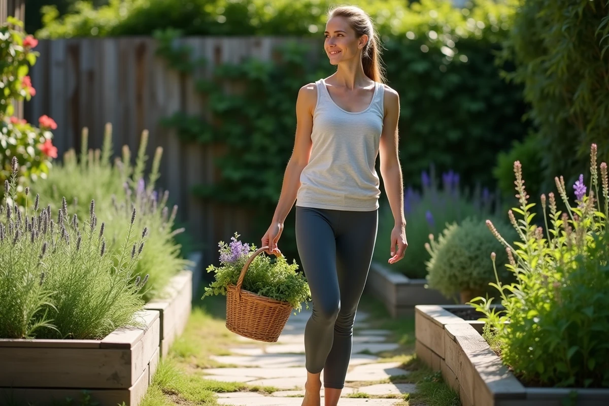 Femme cueillant des plantes médicinales dans son jardin pour la naturopathie