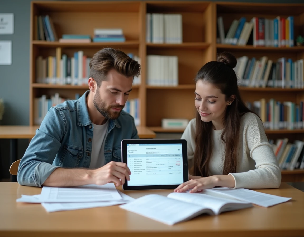 Deux jeunes adultes effectuant ensemble les démarches pour obtenir leur BSR en bibliothèque