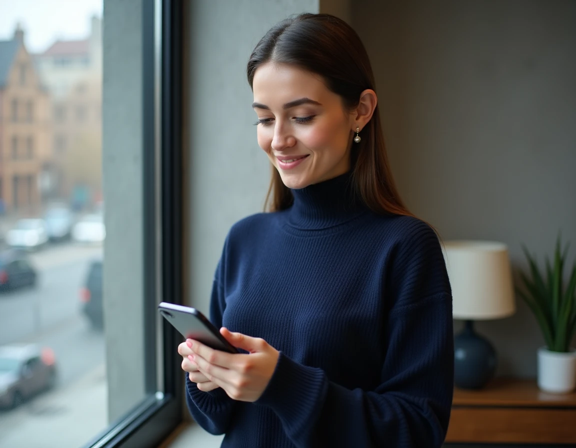 Femme consultant les démarches pour son BSR gratuit sur smartphone depuis chez elle