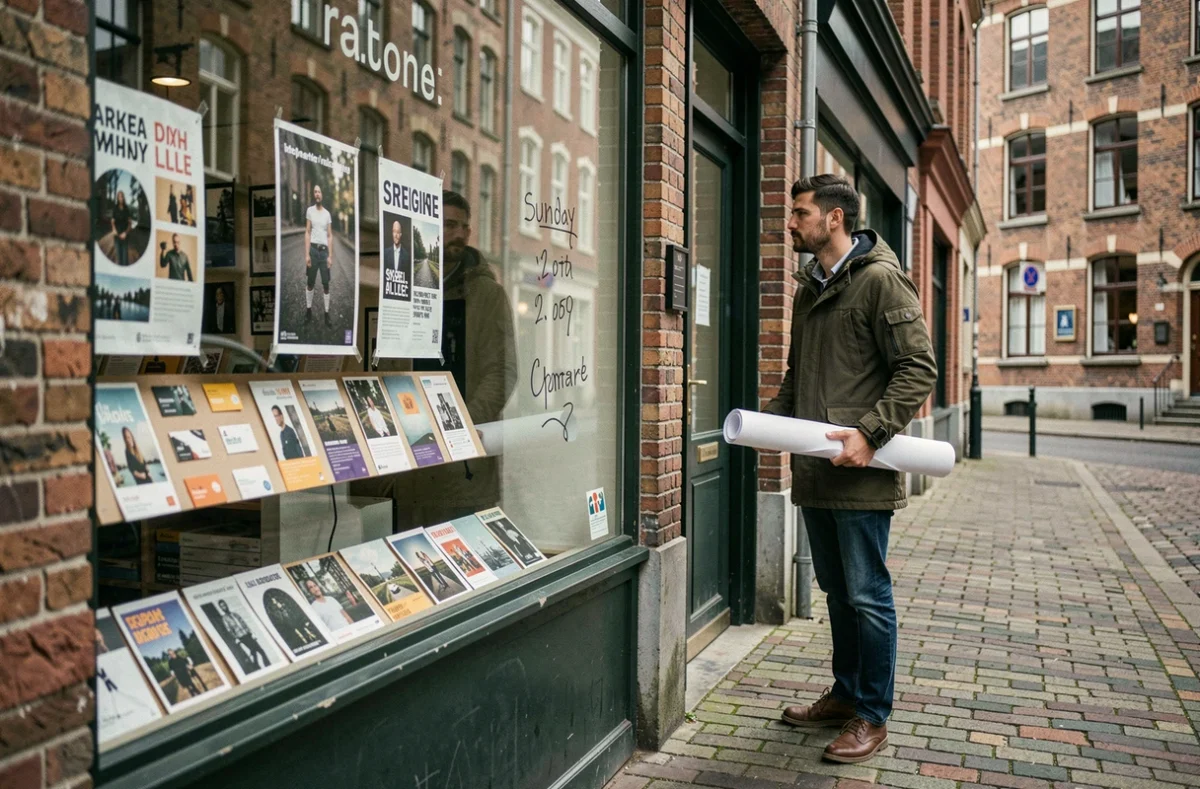 Devanture d'une imprimerie ouverte le dimanche à Lille avec un client récupérant sa commande