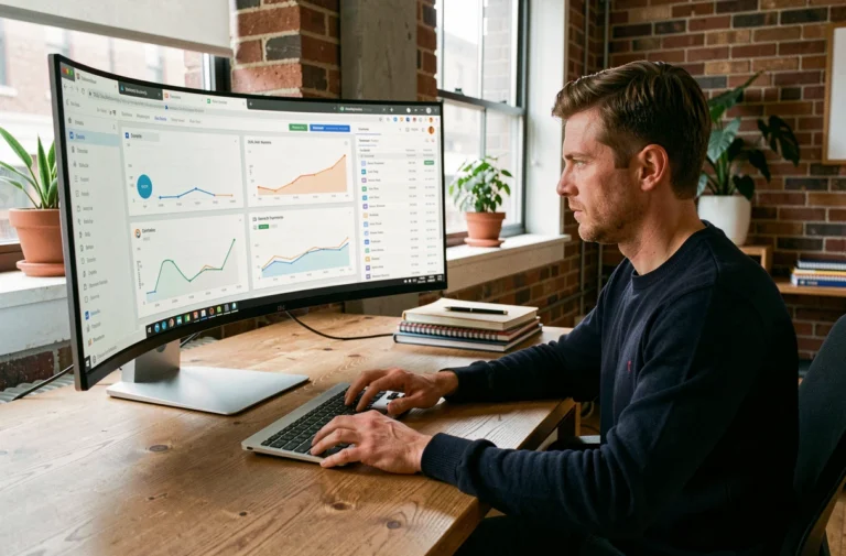 Développeur web analysant un réseau de blogs privés PBN sur un grand écran avec des tableaux de bord de référencement SEO
