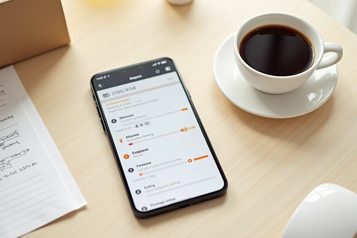 Vue aérienne d'un écran de suivi de colis Vinted Go sur smartphone posé sur un bureau en bois