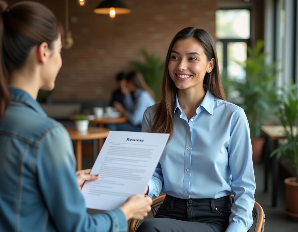 Jeune femme remettant son CV lors d'un entretien d'embauche pour un job d'été dans un espace de travail moderne
