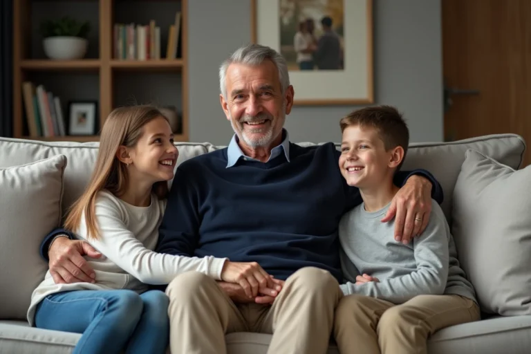 Famille assise dans un salon moderne et chaleureux