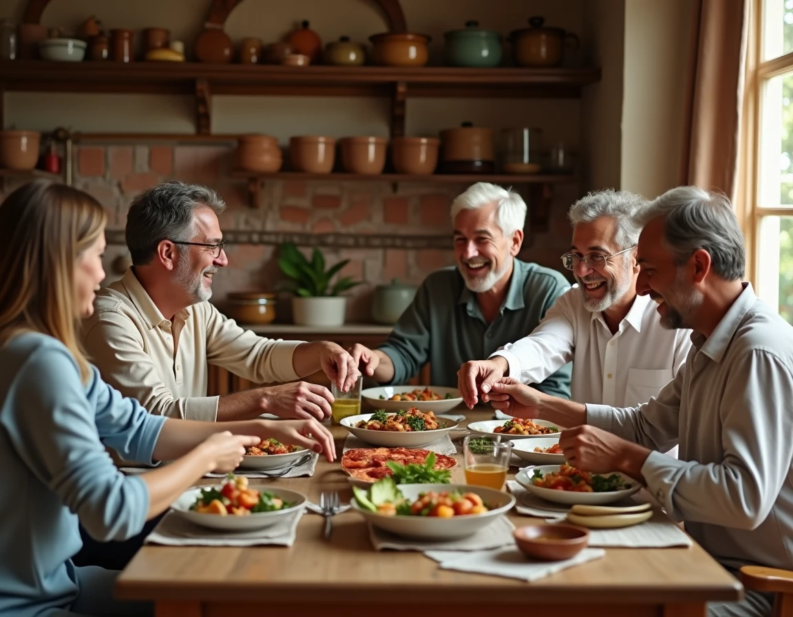 Famille méditerranéenne multigénérationnelle partageant un repas traditionnel dans une cuisine chaleureuse, symbole des origines familiales