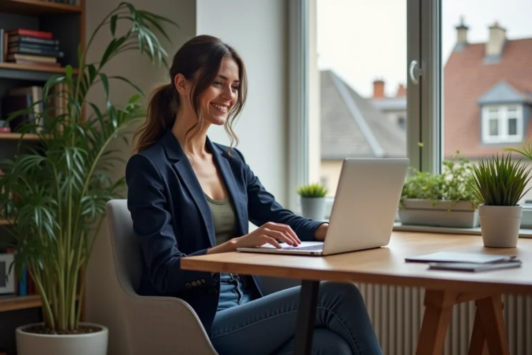 Femme confiante travaillant sur son blog dans un bureau lumineux