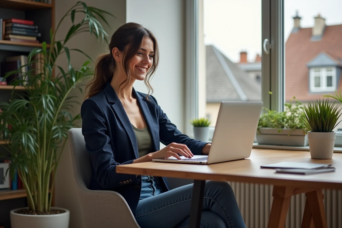 Femme confiante travaillant sur son blog dans un bureau lumineux