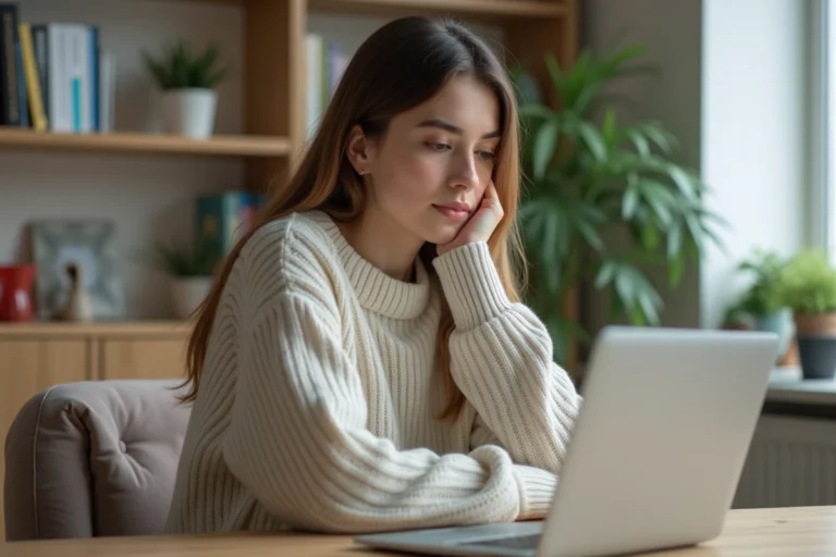 Jeune femme au bureau avec ordinateur portable