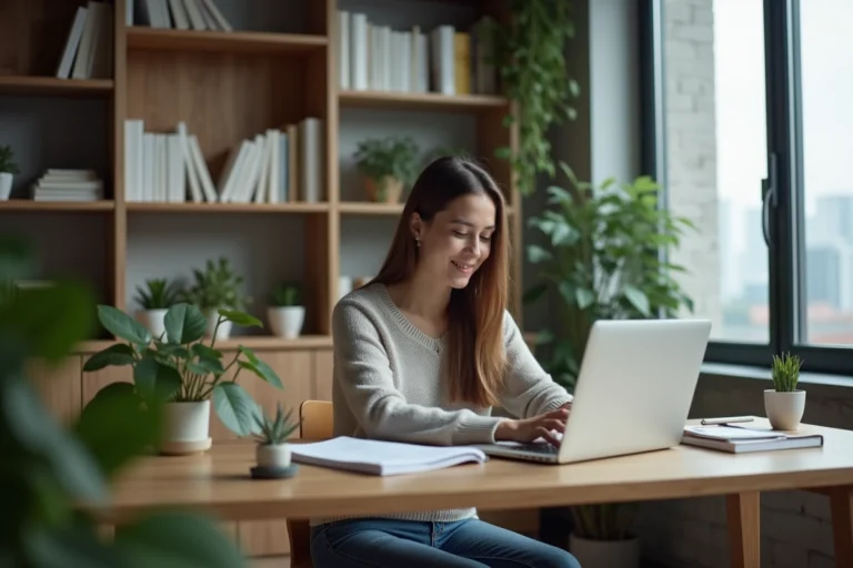 Jeune femme au bureau utilisant des outils de recherche numérique
