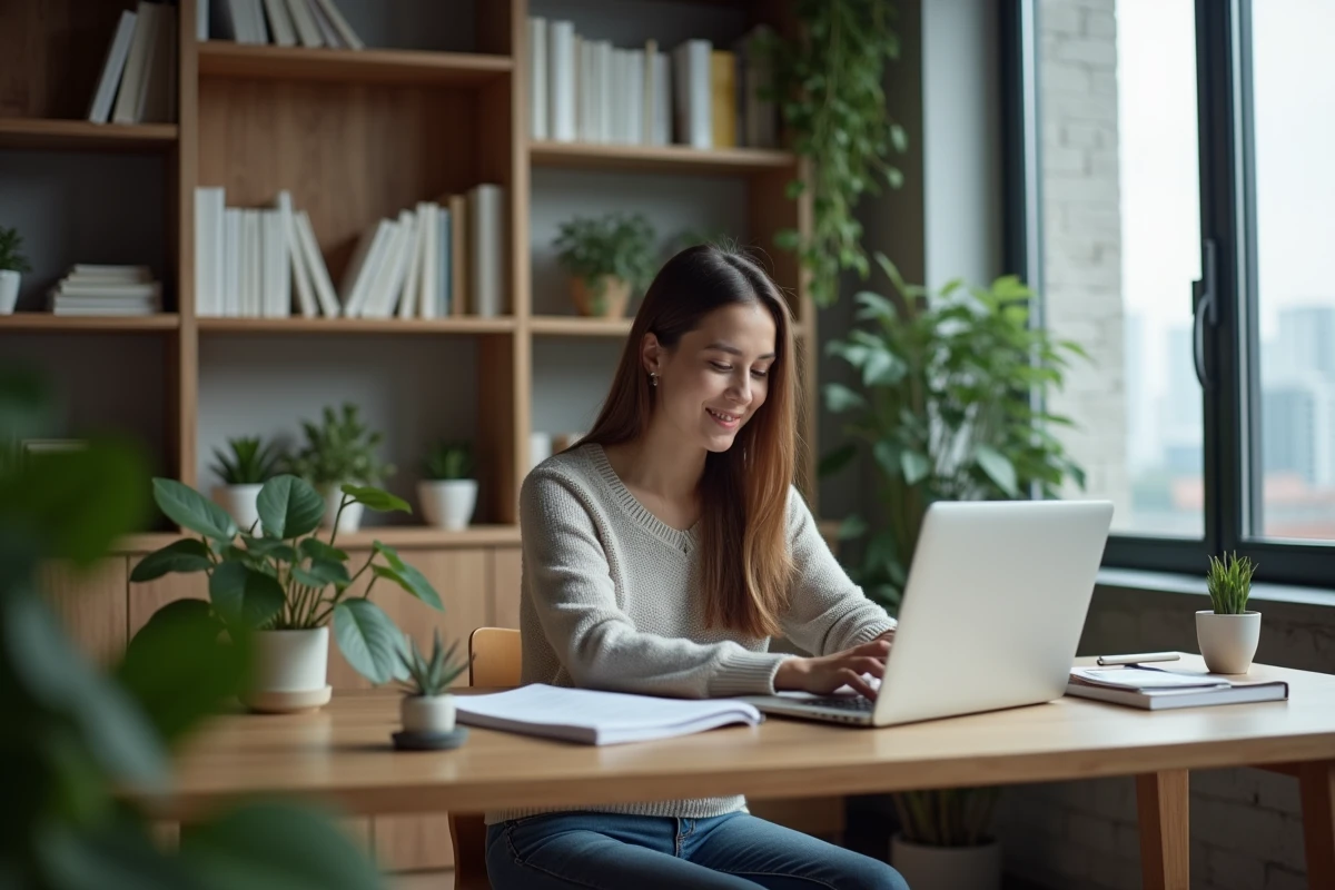 Jeune femme au bureau utilisant des outils de recherche numérique