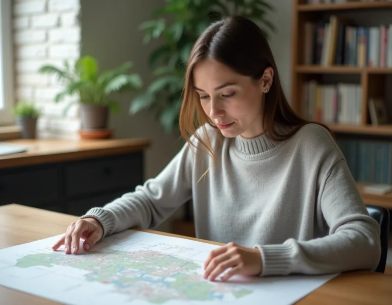 Femme consultant un plan de site imprimé sur un bureau en bois dans un bureau à domicile moderne