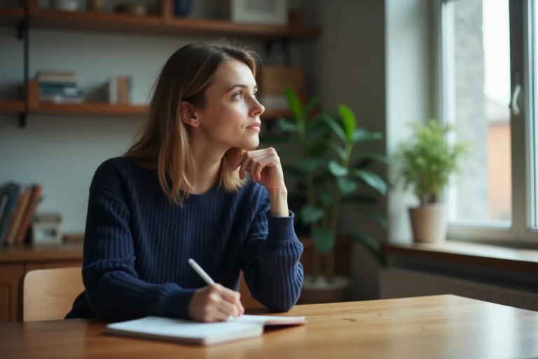 Femme pensant à la fenêtre dans une cuisine chaleureuse