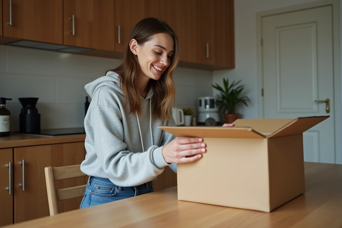 Jeune femme déballant un colis dans sa cuisine chaleureuse