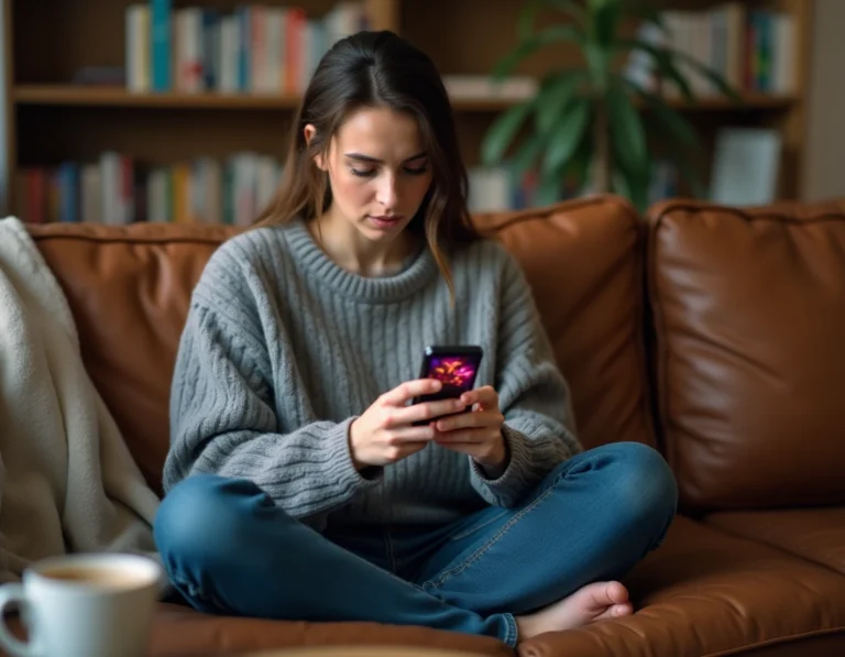 Jeune femme concentrée jouant à un jeu mobile coloré sur son smartphone dans un salon confortable