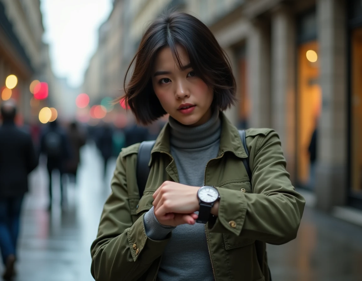 Femme portant une montre à l'envers sur le poignet droit en marchant dans une rue urbaine animée
