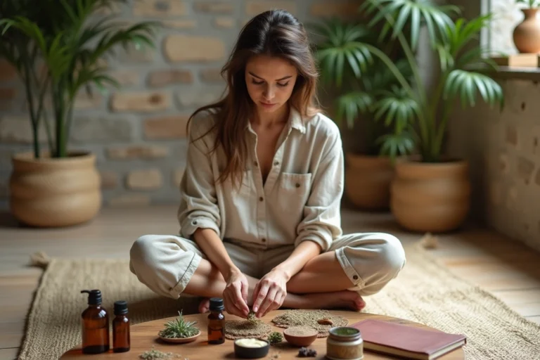 Femme pratiquant la naturopathie chez elle avec des herbes séchées et des huiles essentielles