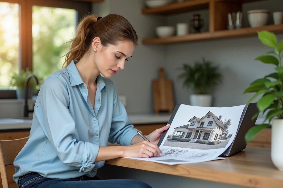 Femme utilisant un ordinateur avec plans de maison dans une cuisine lumineuse