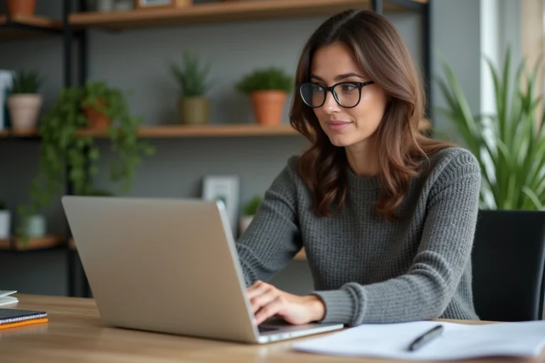 Femme en recherche d'emploi sur son ordinateur à domicile
