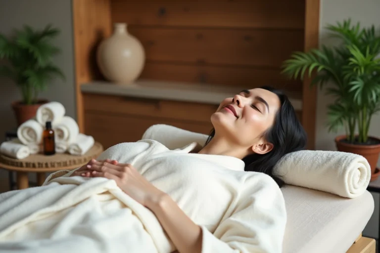 Femme détendue en spa avec robe blanche et ambiance naturelle