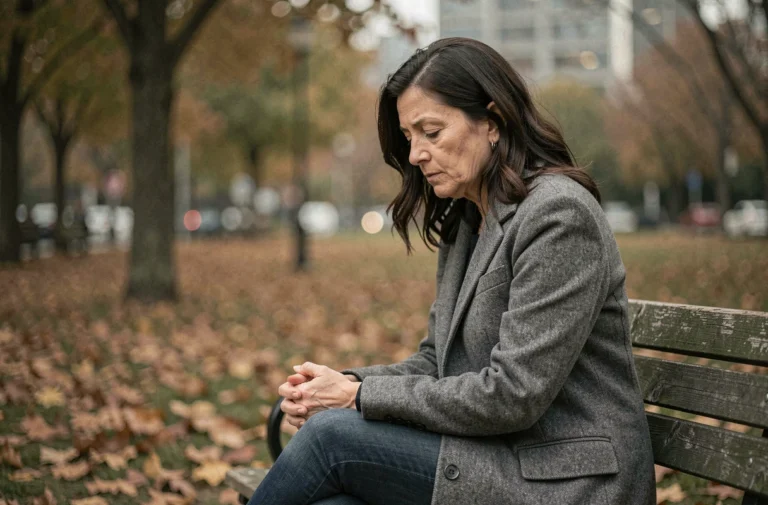 Femme d'âge mûr assise seule sur un banc de parc en automne, expression mélancolique, illustrant les symptômes de dépression légère