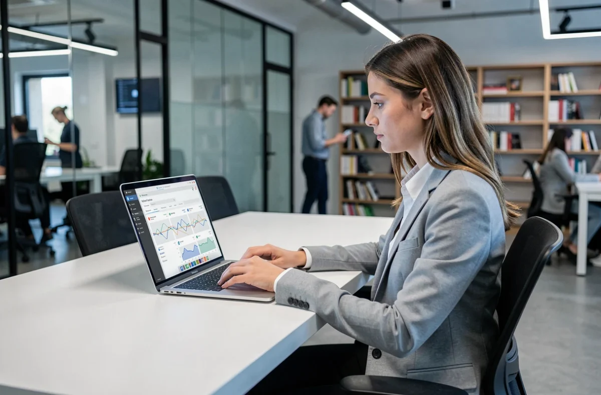 Femme professionnelle gérant une stratégie de réseau de blogs privés depuis un espace de coworking avec un tableau de bord SEO