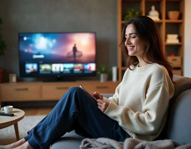 Femme parcourant une interface de service de streaming sur sa télévision dans un salon moderne et cosy