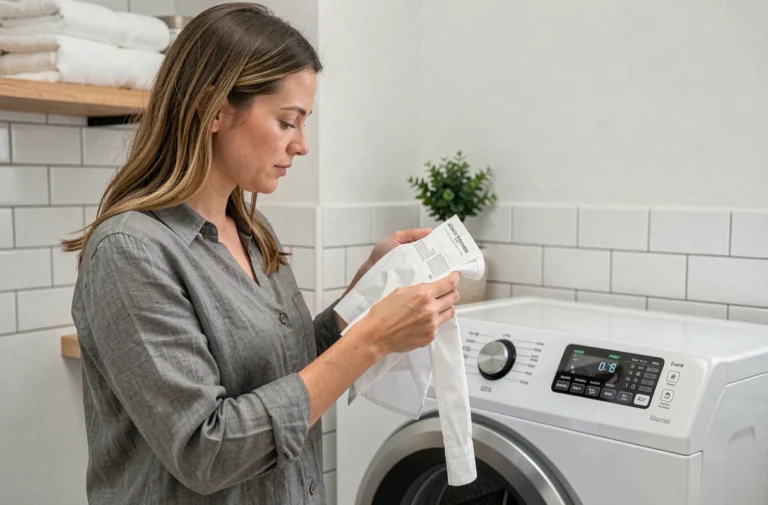 Femme lisant les symboles d'entretien sur une étiquette de vêtement devant une machine à laver