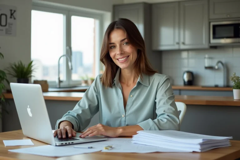 Femme au bureau à domicile avec ordinateur et papiers