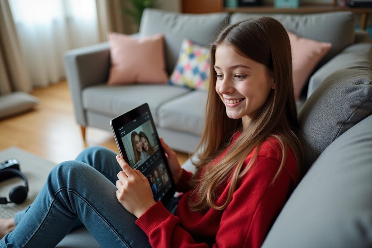 Fille adolescente souriante utilisant une tablette dans le salon