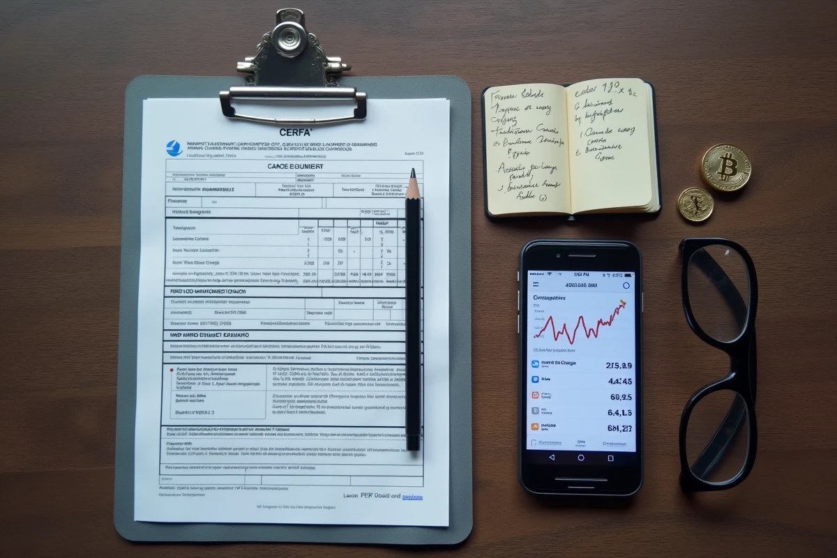 Vue du dessus d'un bureau avec formulaire fiscal français, smartphone affichant l'application Binance et notes manuscrites pour déclarer des cryptomonnaies aux impôts