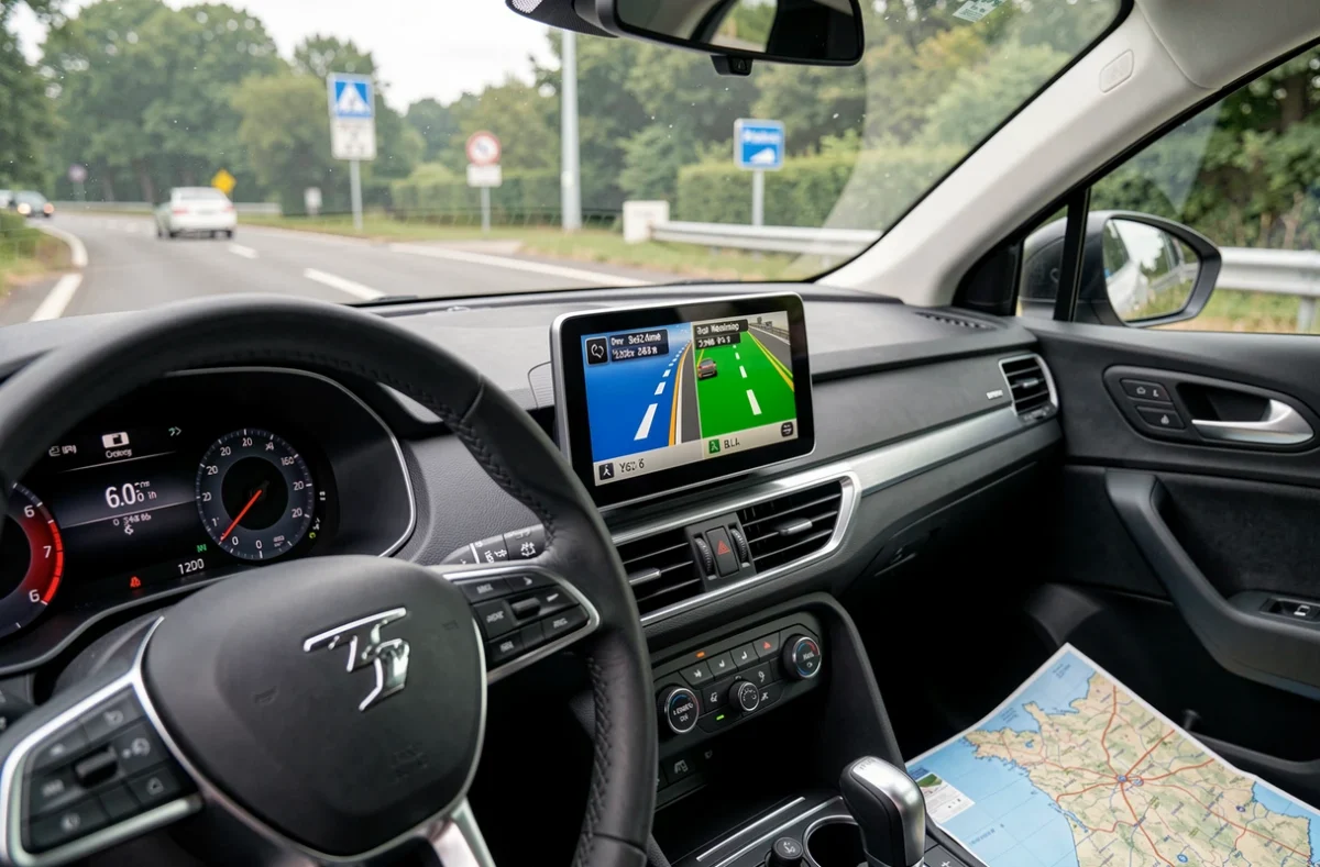 Écran GPS dans une voiture française affichant deux itinéraires, autoroute et route nationale, avec carte papier sur le siège