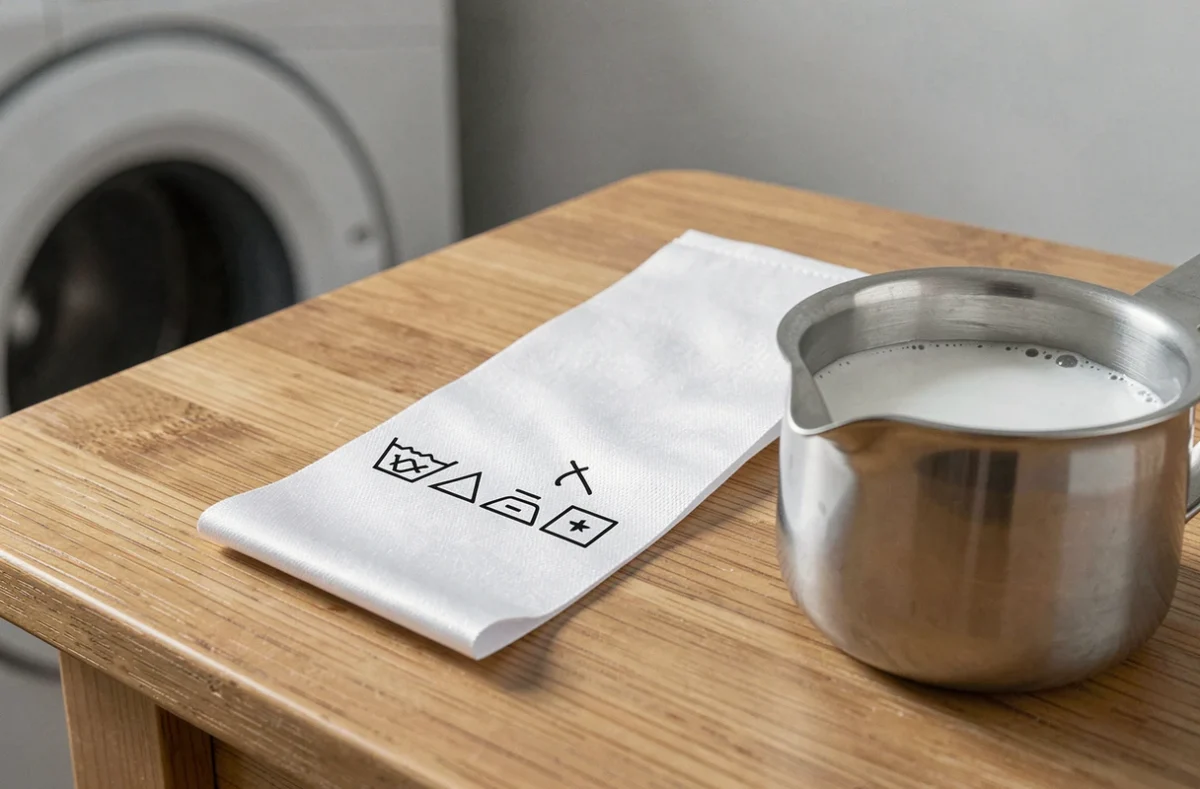 Gros plan sur les symboles d'entretien d'une étiquette de linge avec détergent