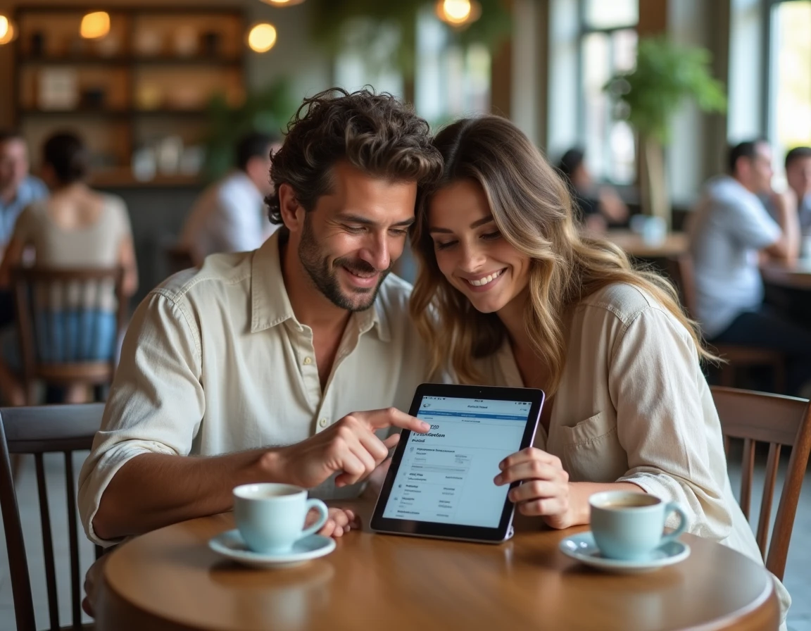 Couple consultant ensemble l'historique de réservations Booking sur une tablette dans un café