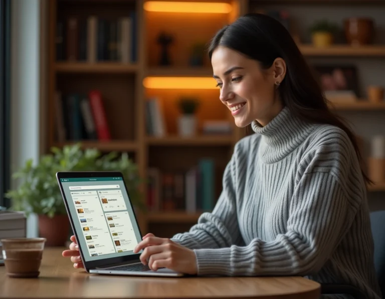 Femme consultant son historique de réservation Booking sur un ordinateur portable dans un bureau à domicile confortable