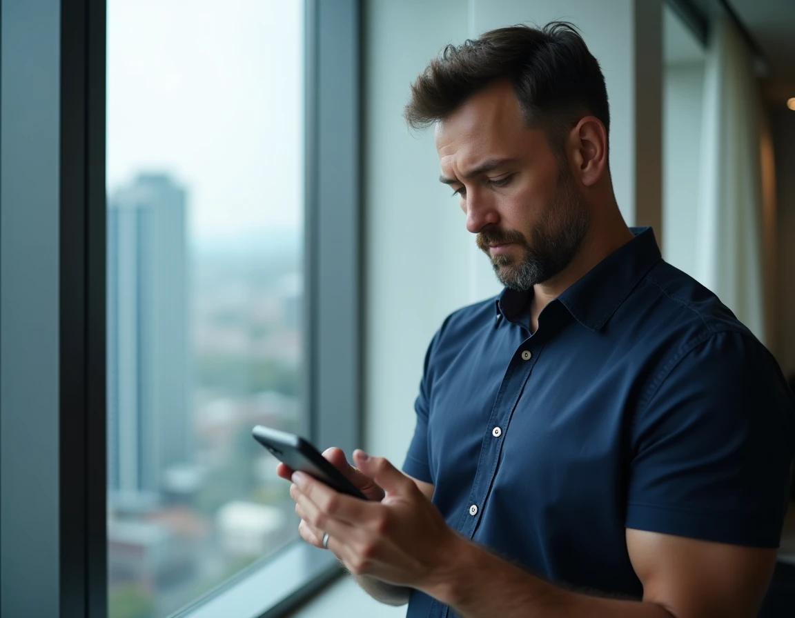 Homme consultant l'historique de réservation Booking sur smartphone avec vue urbaine en arrière-plan