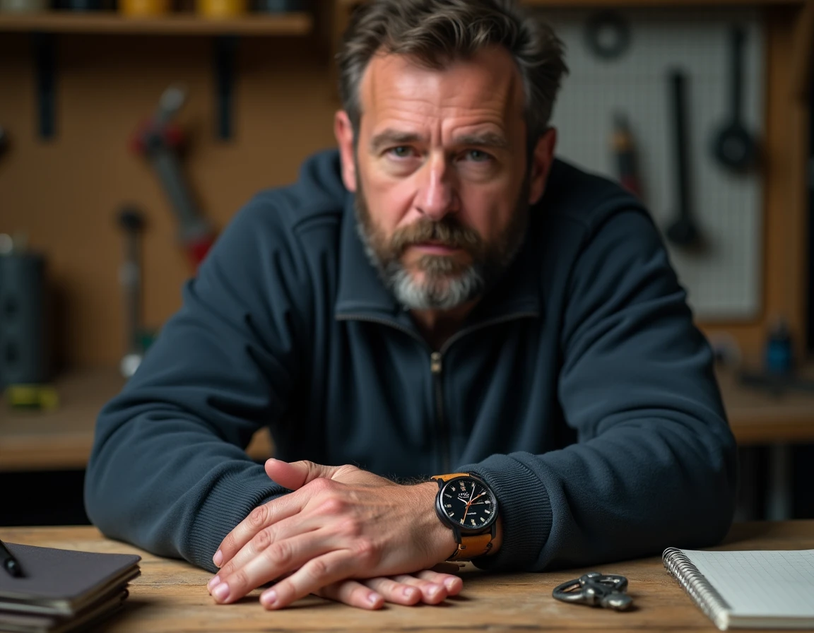 Homme barbu portant une montre militaire à l'envers dans un atelier artisanal, symbolique de discrétion et de précision