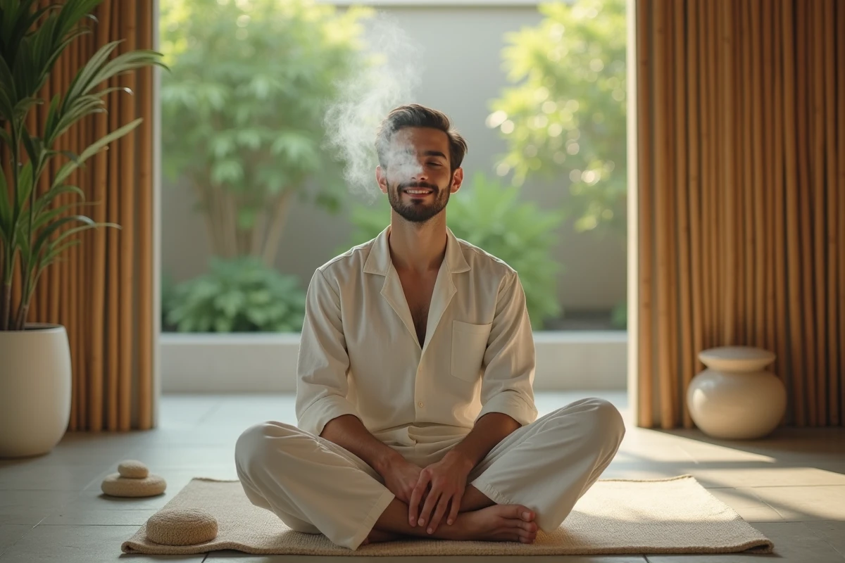 Jeune homme inhalant vapeur d