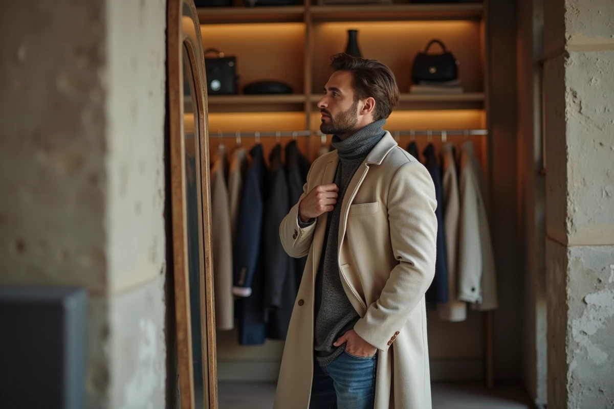 Jeune homme ajustant son foulard dans un miroir vintage
