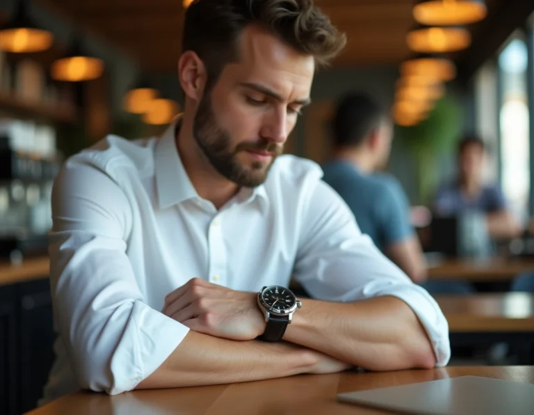Homme portant sa montre à l'envers sur le poignet intérieur dans un café moderne, geste symbolique et pratique
