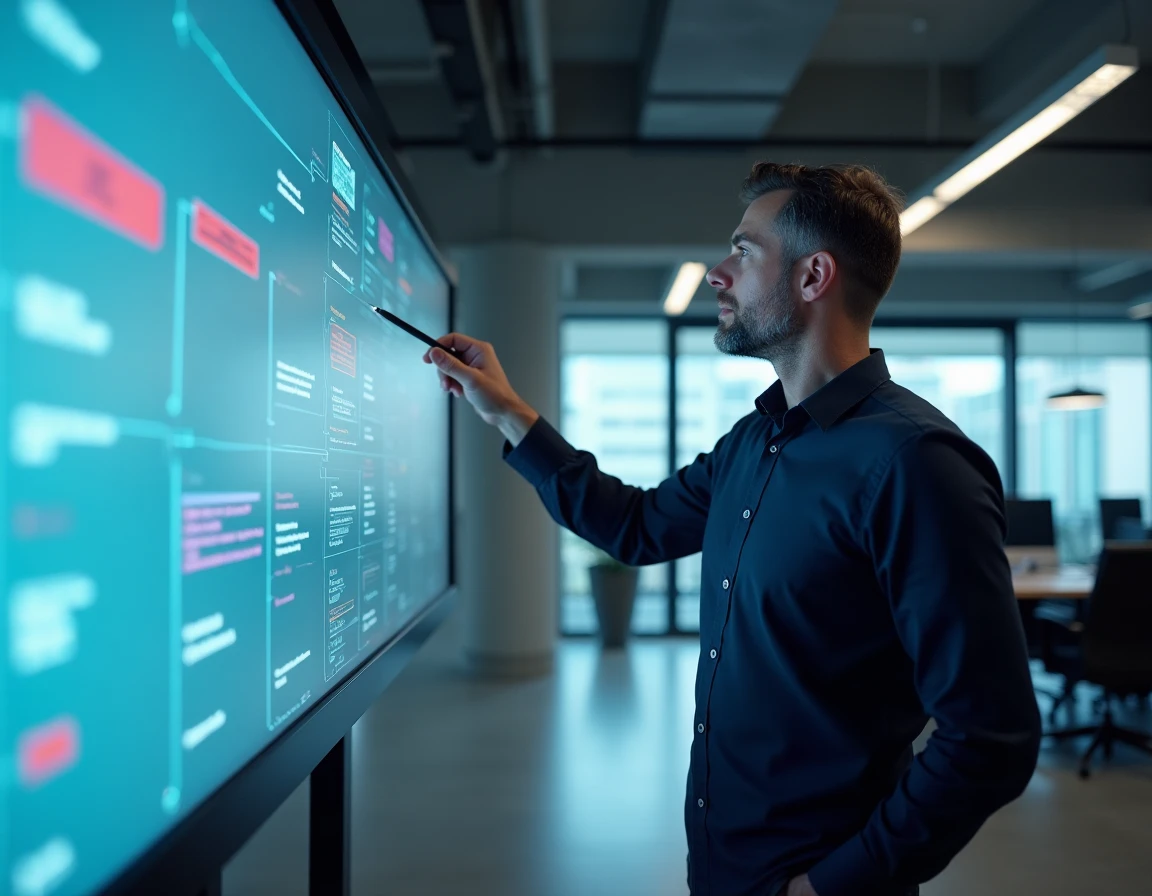 Homme présentant un plan de site numérique hiérarchique sur un grand écran mural dans un bureau technologique